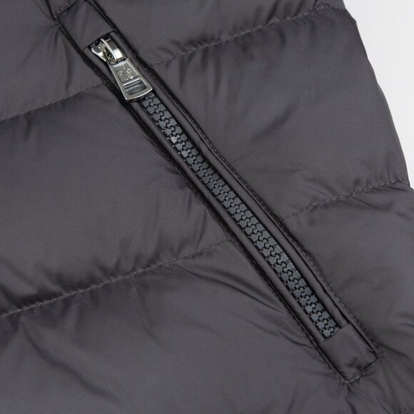 Moncler Grey Down Jacket | Wool Knit Sleeves, White Stripes, 90% White Duck Down - Picture 6 of 9